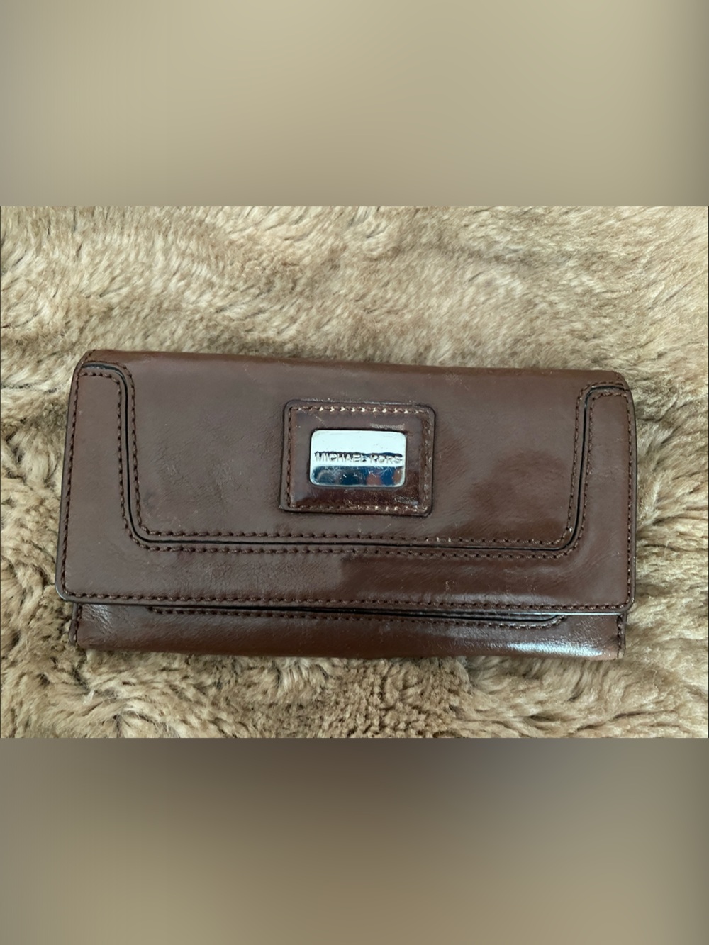 Michael Kors Dark Brown Leather Continental Wallet with Silver Plaque